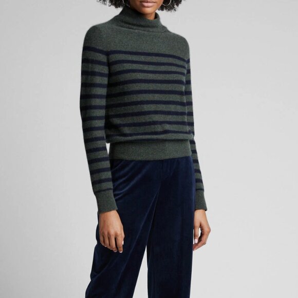 Vince Sweaters - Vince Coastal Brenton Stripe Funnel Neck Turtleneck Cashmere Sweater Moss Medium